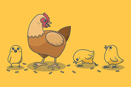 vector illustration of happy hen and chicks enjoy playing outside.のイラスト素材
