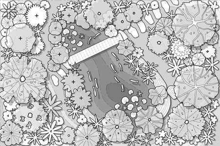 top view tree for architectural and landscape design on garden site with pond.のイラスト素材