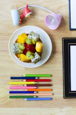 Back to school. Colorful Office and study art stationery objects on wood table with open notebook .Kid love to drowing.の写真素材