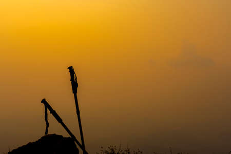 Yoga Life Balance Woman Exercise. Girl adventure fit practicing yoga pose balance body vital zen meditation in nature sky mountains Landscape outdoor background. Healthy lifestyle. Banner.の写真素材