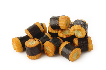 Seaweed wrapped rice crackers wasabi stuffedの写真素材