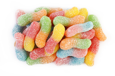 gummy worm candies on white backgroundの写真素材
