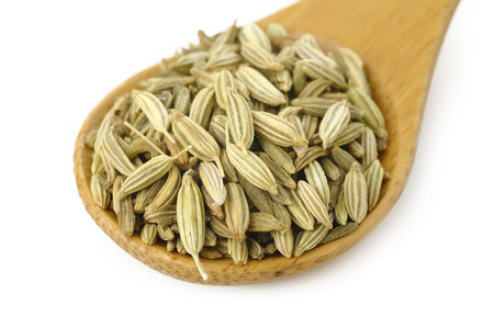 Fennel seeds in wooden spoonの写真素材