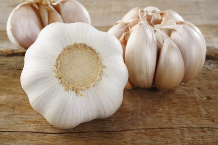 Garlic spice on wooden backgroundの写真素材