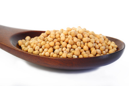 mustard seeds in wooden spoonの写真素材