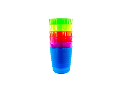 Three color plastic cup on a white backgroundの写真素材