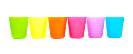 colorful plastic cup isolated on white backgroundの写真素材