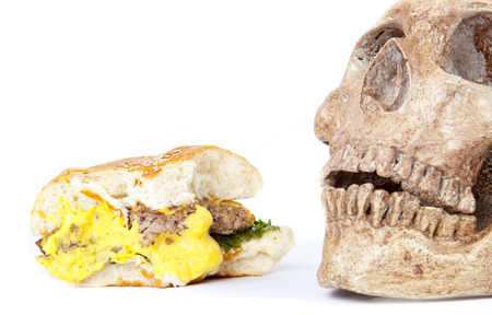 human skull with a hamburger on a white background.の写真素材