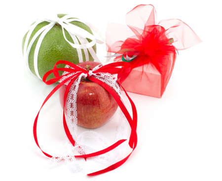 Apple grapefruit and gift boxの写真素材