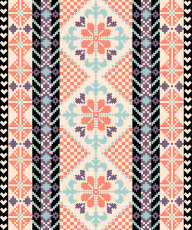 Traditional fabric-inspired pixel art pattern with a handcrafted look. Repeating geometric motifs in...