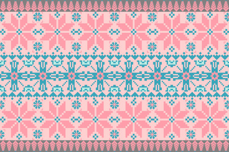 Modern pixel art textile pattern featuring colorful blocks and digital-inspired motifs. Trendy seamless design ideal for fabric prints, fashion accessories, and home decor projectsのイラスト素材