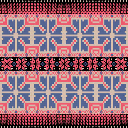 Blue-Pink Floral Ethnic-inspired seamless pixel pattern with handcrafted weaving motifs. Perfect for...