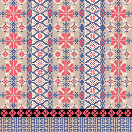 Blue-Pink Floral Ethnic-inspired seamless pixel pattern with handcrafted weaving motifs. Perfect for...