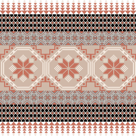 Terracotta Tone Floral, Ethnic-inspired seamless pixel pattern with handcrafted weaving motifs. Perfect for folk-style textile prints, digital fabrics, and cultural design projectsのイラスト素材