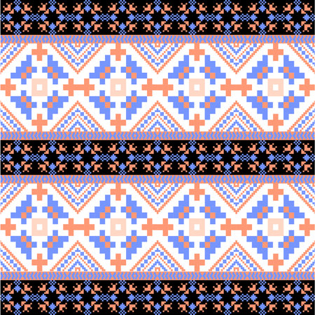 Traditional fabric-inspired pixel art pattern with a handcrafted look. Repeating geometric motifs in pixel style, perfect for ethnic textile prints, digital fabric design, and folkのイラスト素材