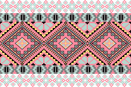 Traditional fabric-inspired pixel art pattern with a handcrafted look. Repeating geometric motifs in pixel style, perfect for ethnic textile prints, digital fabric design, and folkのイラスト素材