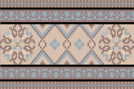 Pastel Traditional fabric-inspired pixel art pattern with a handcrafted look. Repeating geometric motifs in pixel style, perfect for ethnic textile prints, digital fabric design,のイラスト素材