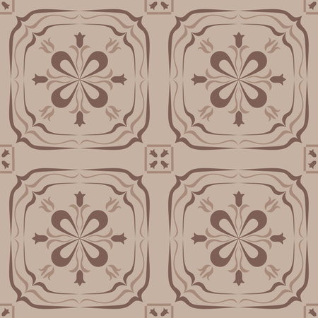An Earthy Tone Seamless ornamental tile pattern featuring floral and geometric motifs inspired by vintage ceramic and Mediterranean decorative designのイラスト素材