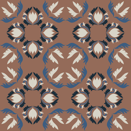 An Earthy Seamless ornamental tile pattern featuring floral and geometric motifs inspired by vintage ceramic and Mediterranean decorative design. Suitable for wallpaper, textile, fのイラスト素材