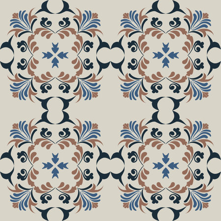 An Earthy Seamless ornamental tile pattern featuring floral and geometric motifs inspired by vintage ceramic and Mediterranean decorative design. Suitable for wallpaper, textile, fのイラスト素材