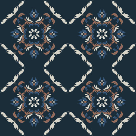 An Earthy Seamless ornamental tile pattern featuring floral and geometric motifs inspired by vintage ceramic and Mediterranean decorative design. Suitable for wallpaper, textile, fのイラスト素材