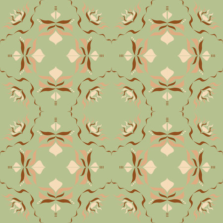 A Green Tone Seamless ornamental tile pattern featuring floral and geometric motifs inspired by vintage ceramic and Mediterranean decorative designのイラスト素材