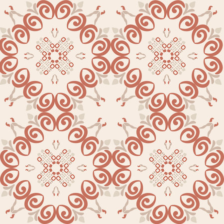 A Pastel Tone Seamless ornamental tile pattern featuring floral and geometric motifs inspired by vintage ceramic and Mediterranean decorative designのイラスト素材