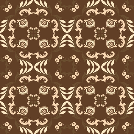 A Deep-Brown Tone Seamless ornamental tile pattern featuring floral and geometric motifs inspired by vintage ceramic and Mediterranean decorative designのイラスト素材