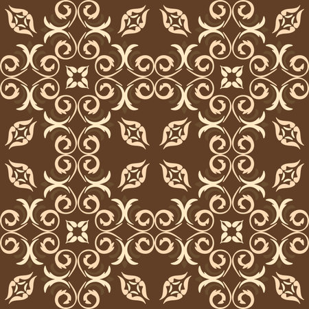 A Deep-Brown Tone Seamless ornamental tile pattern featuring floral and geometric motifs inspired by vintage ceramic and Mediterranean decorative designのイラスト素材