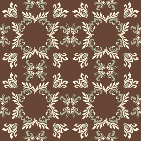 A Deep-Brown Tone Seamless ornamental tile pattern featuring floral and geometric motifs inspired by vintage ceramic and Mediterranean decorative designのイラスト素材