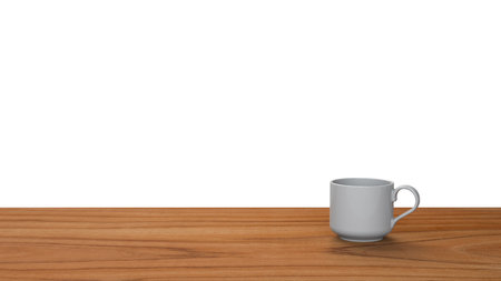 3D rendering white coffee mug on wooden tableの写真素材