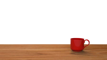 3D rendering red coffee mug on wooden tableの写真素材