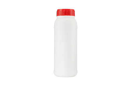 White plastic bottle with red cap on white background with clipping pathの写真素材