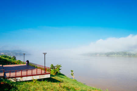 View of Mae Klong river in the moring with blue sky and the mistの写真素材