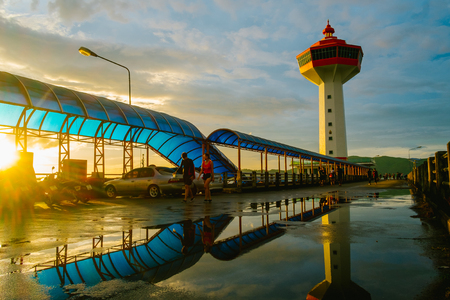 Ranong ,Thailand - DEC 08, 2018 : Sunset at Ranong port, Pier and Lighthouse at Ranong,Thailandのeditorial素材