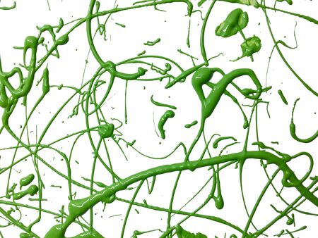 green paint splatter and drops on white background. thick paint surface of green drops and linesの写真素材