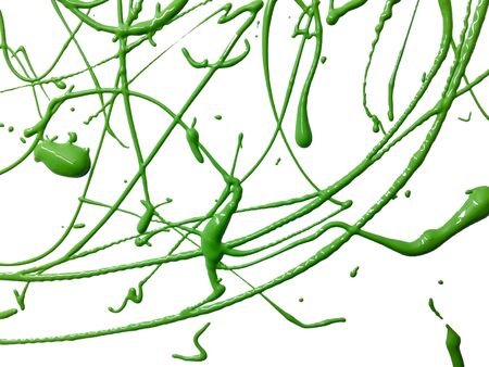 green paint splatter and drops on white background. thick paint surface of green drops and linesの写真素材