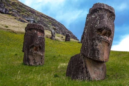 Maoi statues in the Rano Raraku Quarry at Easter Island, Chile, Polynesiaの写真素材