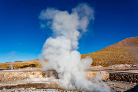 Landscape of El Tatio geothermal field with geyers in the Andes mountains, Atacama, Chileの写真素材