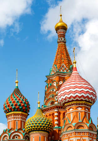 Colorful domes of the Cathedral of Vasily the Blessed commonly known as Saint Basil's Cathedral at Red Square in Moscow, Russia, Europeの写真素材