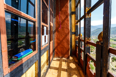 Balcony of Rinpun Dzong monastery in Paro, Bhutan, Asiaの写真素材