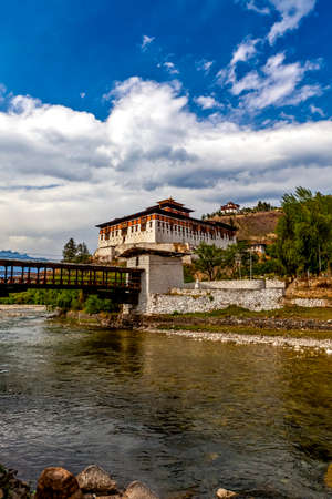 Bridge of the dzong over the Paro Chhu river in Paro, Bhutan, Asiaの写真素材