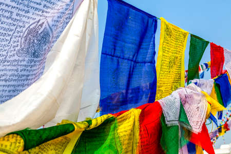 Colorful prayer flags on of the Bodhnath Stupa in Kathmandu, Nepal, Asiaの写真素材