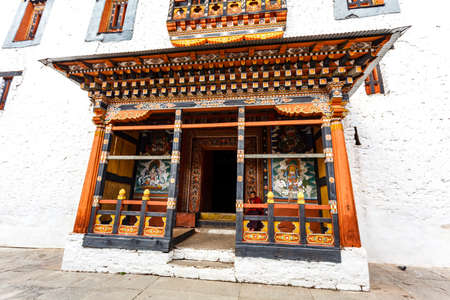 Exntrande of the temple inside of the Rinpun Dzong monastery in Paro, Bhutan, Asiaのeditorial素材