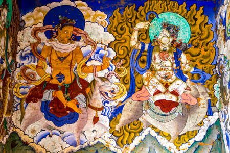 Colorful mural inside of the Gangtey Goemba monastery in Phobjikha Valley, Central Bhutan, Asia