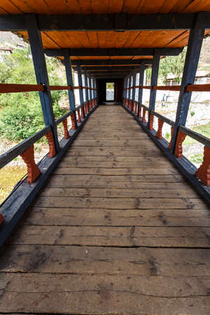 Wooden bridge over the Paro Chhu River in Paro, Bhutan, Asiaの写真素材