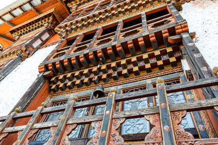 Ornate facade of Drametse Goemba, the biggest and most important monastery in East Bhutan, Asiaの写真素材