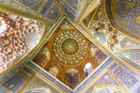 Ornate interior of the Ulugh Beg Madrasah, Registan, Samarkand, Uzbekistan, Central Asia