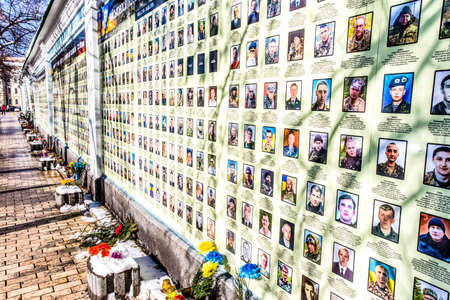Memorial wall with the victims of the Maidan Square protests in the center of Kyiv, Ukraine, Europe...