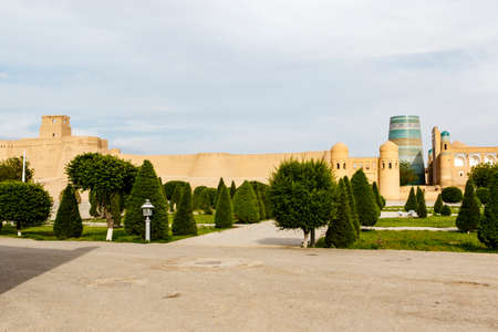 Kalta Minor minaret and city walls in Khiva, Uzbekistan, Central Asiaのeditorial素材
